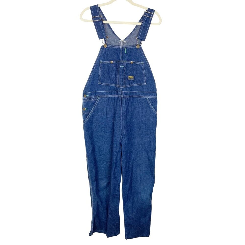Vintage OshKosh 38x23 Blue Denim‎ Adult Overalls Hemmed Made in USA Vestback